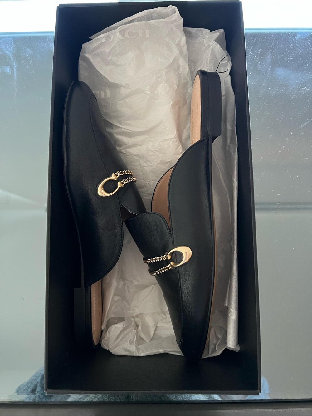 Coach Black Leather Slip-On Mules with Gold Chain Accent - Picture 6 of 6